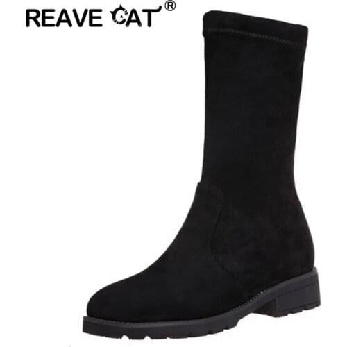 Reave Cat 2021 New Platform Midcalf Bootie Stretchy Lace Up Round toe Flat Square Heel Suede Autumn Winter Big Size 34-43 S2433
