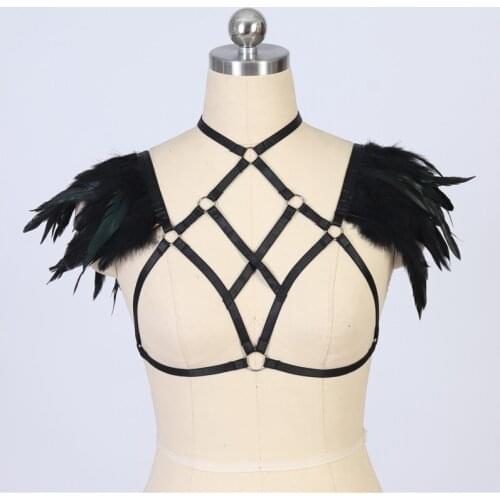 Goth Punk Feather Harness Bralette Epaulette Wings Body Crop Top Plus Size Harajuku Art Clothing Cosplay Festival Body Cage Bra