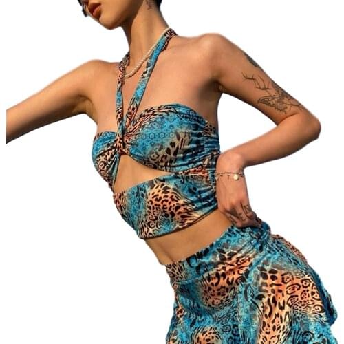 Women Sexy Two-piece Clothes Set Halter Neck Sleeveless Hollow Out Crop Tops and Skirt S/ M/ L/ XL