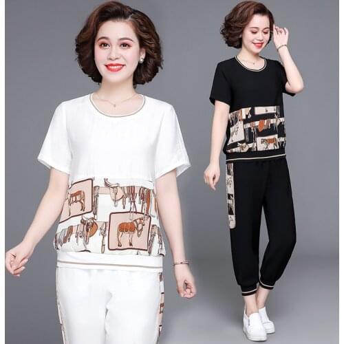 Spring Summer Women O Neck Print Fashion Casual Set Elegant Mid-aged calf length Pants Loose Pullover Soft Streetwear2 pcs Sets