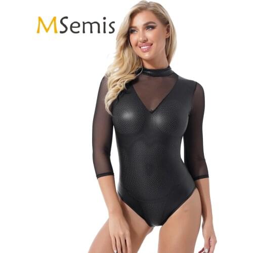 Womens Lingerie Faux Leather Bodysuit Underwear Hollow Out Mock Neck Mesh Long Sleeve Zipper Back Catsuit Clubwear for Rave Bar