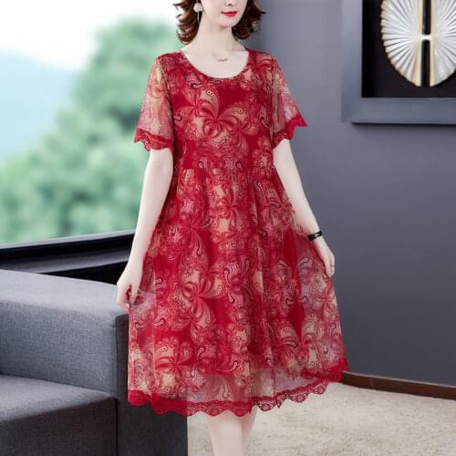 2021 Summer Middle-aged Women Red Mesh Print Floral Dress Short Sleeve Vintage Elegant Plus Size 6XL Holiday Midi Dresses Y807