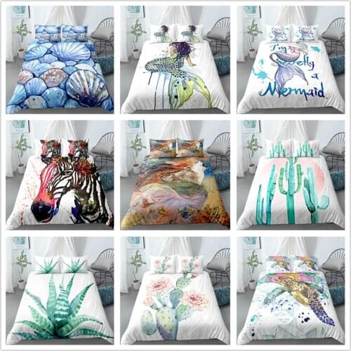 Cute Watercolor Picture Mermaid Digital Printing Home Bedroom Comforter Set 3pcs Bedclothes Bed Sheet Quilt Cover PillowCase
