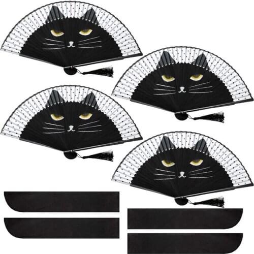 8 Pcs Hand Held Folding Fan Cat Folding Fan Cartoon Cat Fan Party Cat Fan with Store Bag for Wedding Dancing Home Decor