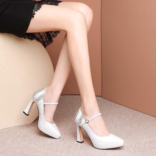 A- line Buckle Womens Shoes 2020 New Style Pointed Toe Shallow Mouth Chunky Heel High Heels Fashion Elevator Genuine Leather