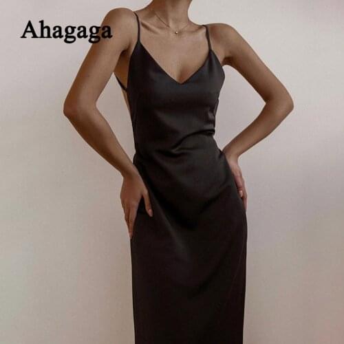 Ahagaga 2021 Prom Dress Women Fashion Backless V-Neck Sleeveless Solid Bodycon Vestidos Clubwear Female Party Midi Dresses Robes