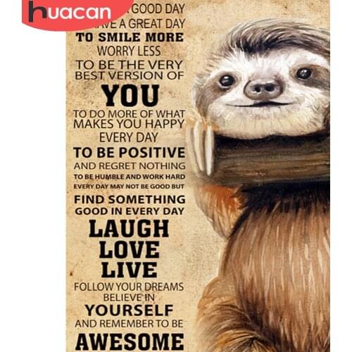 HUACAN Diamond Painting Animal Sloth Cross Stitch 5D Diy Diamond Embroidery Mosaic Text Home Decoration Wall Art