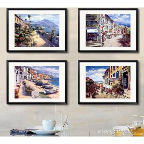 No frame mediterranean sea boat street scenery canvas printings oil painting printed on cotton wall art decoration picture