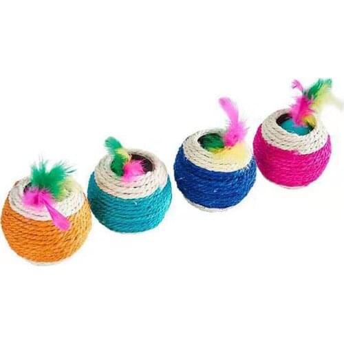 Cat Toy 2-hole Fake Feather Sisal Cat Toy Cat Rope Ball Cat Catch Ball Interactive Toy Colorful Feather Kitten Chew Toy