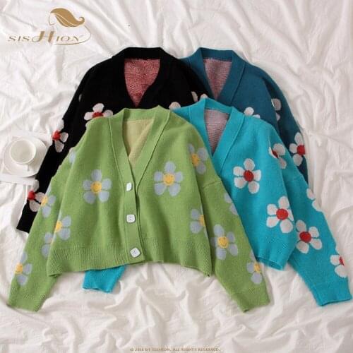 SISHION Female Flower Knit Cardigans Sweater Women V Neck Loose Elegant Thicked Short Casual Coat VD1503 Women Tops Sweaters