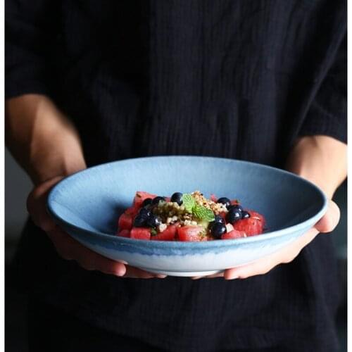 Ceramic Bowl Kiln Glaze Blue Japanese Shallow Soup Bowl Restaurant Dish Plate Western Food Pasta Bowl Salad Bowl Dessert Plate