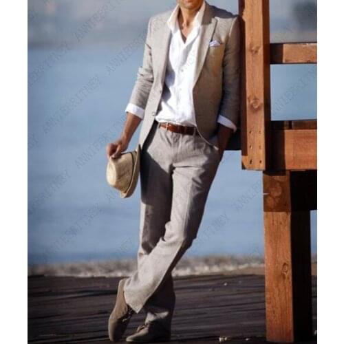 ANNIEBRITNEY Tailor Khaki Linen Summer Beach Mens Suit Groom Tuxedos Groomsmen Wedding Blazer Suits For Men Stylish Jacket Pants