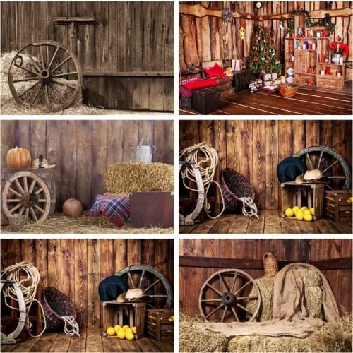 Laeacco Rural Countryside Straw Wooden Wall Wheel Photo Backdrops Photozone Flowers Potted Plants Photography Backgrounds Props