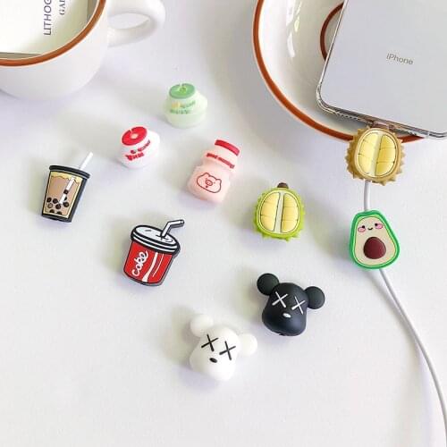 Cartoon 3D Fruit Drinks Cable Protector Anti-Breaking For iPhone Cable Soft Silicone Cute Data Line Protector Cable Winder
