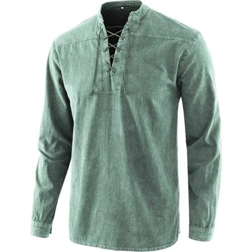 2020 Men Gothic Retro T Shirt Lace-up V-neck Denim Long Sleeve Tee Shirt Loose Tops for Male NIN668