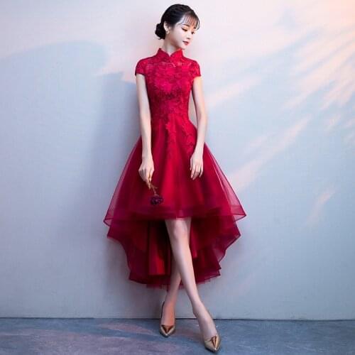 Bride Toast Dress 2021 Spring Red Chinese Wedding Evening Dress Women Hollow Out Irregular Party Dresses Qipao Cheongsam Modern