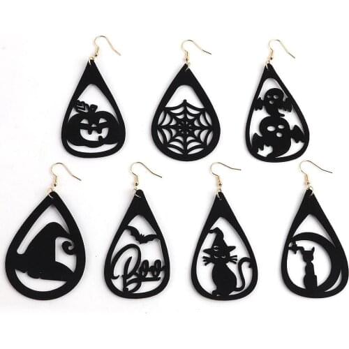 New Pumpkin Spider Black Leather Dangle Earrings For Women Girls Ghost Teardrop Long Leather Earrings Halloween Party Jewelry