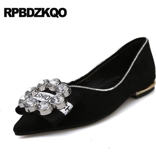 Slip on pointy crystal flats women dress shoes rhinestone bow diamond embellished black cheap pointed toe comfortable suede