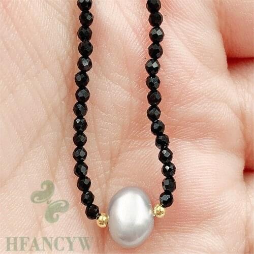 Black Spinel Gray Baroque Pearl Pendant Necklace 18 Inches Chain Aurora Diy Women Chic Gift