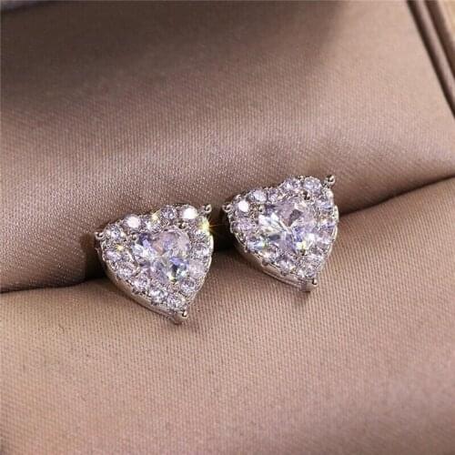 Huitan Crystal Stud Earrings with Heart CZ Stone for Women Fashion Versatile Jewelry Delicate Girl Daily Collocation Accessories