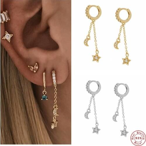 Aide 925 Sterling Silver Cubic Zirconia Star Moon Charm Dangle Earrings For Women Double Chain Tassel Pendant Drop Earrings Gift