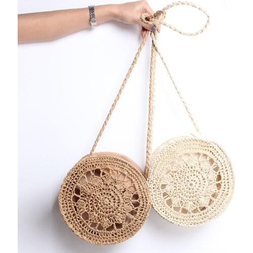 Straw Handbag Women Hand-Woven Bohemian Beach Shoulder Crossbody Bag Ladies Circular Knitted Shopper Bags Travel Tote Purse