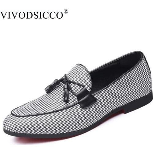VIVODSICCO Fashion Luxury Black White Grids Canvas Loafers Shining Formal Dress Shoes Big Size Tassel Mens Wedding Party Shoes