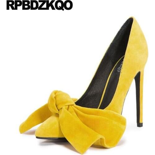 High Heels Scarpin 10 42 Unique Cute Bow Pink 33 Plus Size Extreme Pumps 2017 Ladies Yellow Shoes Pointed Toe Bow Tie Slip On