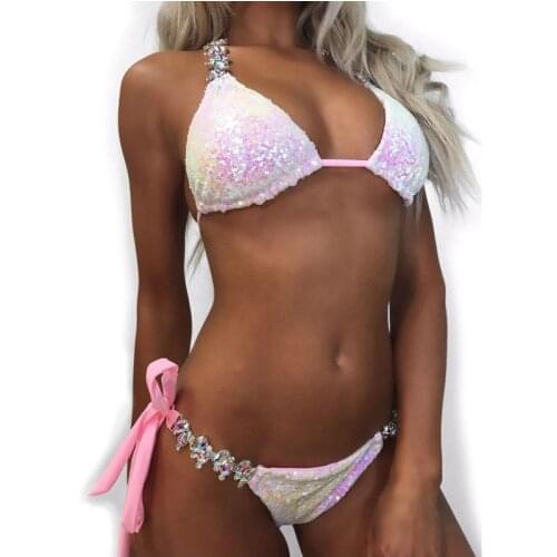 2019 Sexy Ladies Bikini Set Sequin Pink halter Swimsuit Bathing Crystal Diamond Bandage Push-Up Bra Swimwear