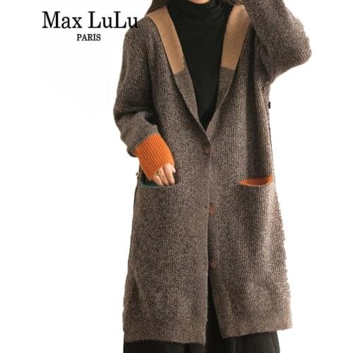 Max LuLu 2021 2021 New Autumn Women Loose Elegant Cardigans Korean Style Ladies Hooded Patchwork Sweaters Casual Vintage Clothes