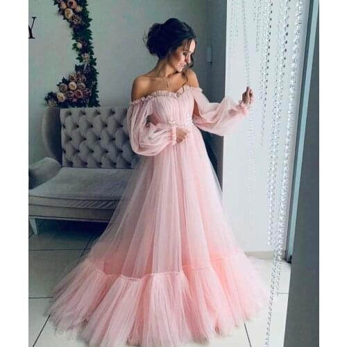 Blush Pink Tulle Evening Dress 2019 A-Line Long Sleeves Sweetheart-Neck Long Maternity Evening Gown for Pregnant Woman abiye