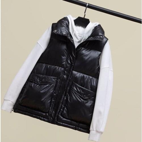 2021 New Womens Autumn Winter Down Cotton Stand Collar Bright Fabric Vest Zipper Girls Leisure Vest Outdoor Warm Coat Black