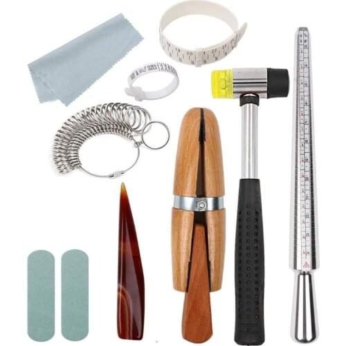 11Pcs Metal Mandrel Finger Sizing Measuring Stick Ring Sizer Guage Jewelers Hammer Wooden Ring Clamp Jewelry Tools Kit