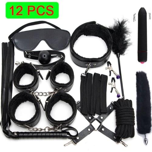 BDSM Sex Handcuffs Collar Whip Gag Nipple Clamps Set Adult Erotic Bondage Rope Bondage Gear Anal Plug Sex Toys for Couples Women