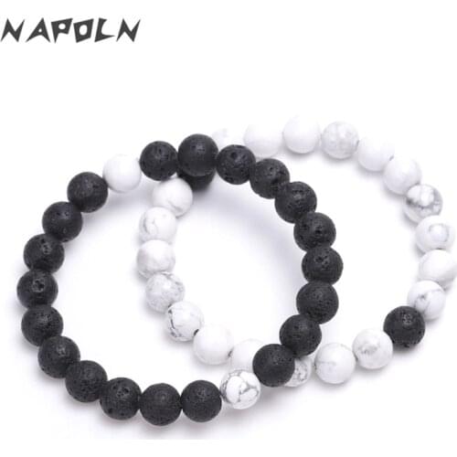 2pcs/set Beaded Bracelet Couple Bracelet 8mm Black Lava White Natural Stone Beads Strand Bracelets Sets Pulsera Hombre