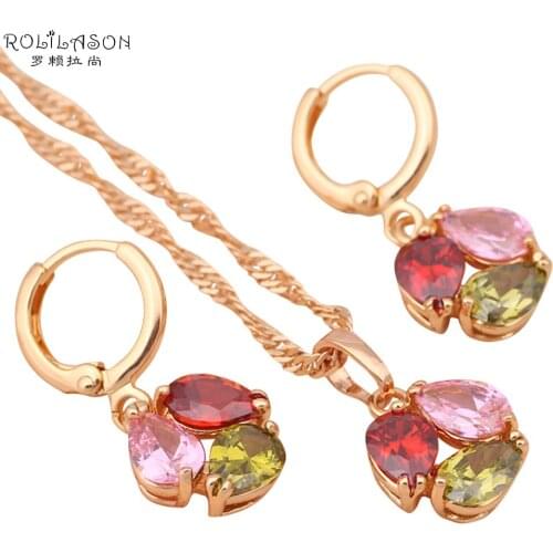 Color flower women Jewelry Sets gold Tone AAA zircon Crystal Earrings Necklace Pendant Fashion jewelry JS079