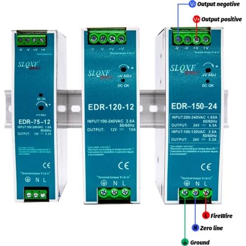 EDR-75 EDR-120 EDR-150 Single Output Din Rail Switching Power Supply 12V 24V 48V meanwell LED Driver