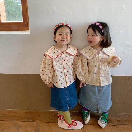 Girls' floral Navy collar cardigan shirt 2021 autumn new Korean childrens fashion long sleeve top