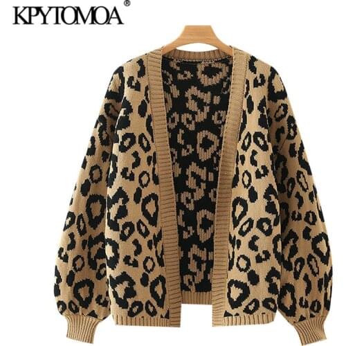 KPYTOMOA Women 2020 Fashion Leopard Pattern Loose Knitted Cardigan Sweater Vintage Lantern Sleeve Female Outerwear Chic Tops
