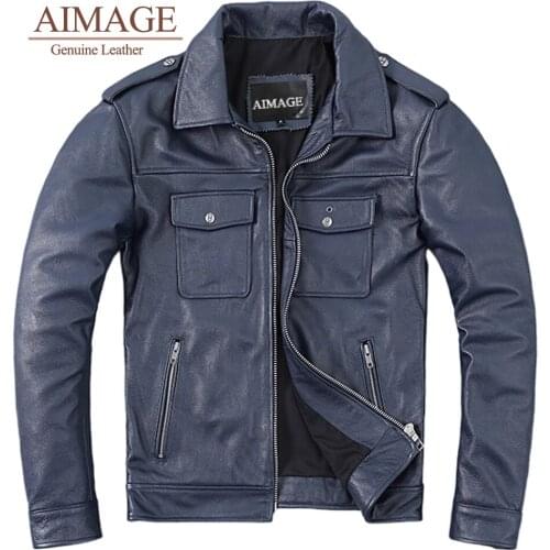 Blue color men 100% real cowhide leather jacket Classic Flight Jacket Man Skin Clothing Bomber Mens Coat Autumn PY146