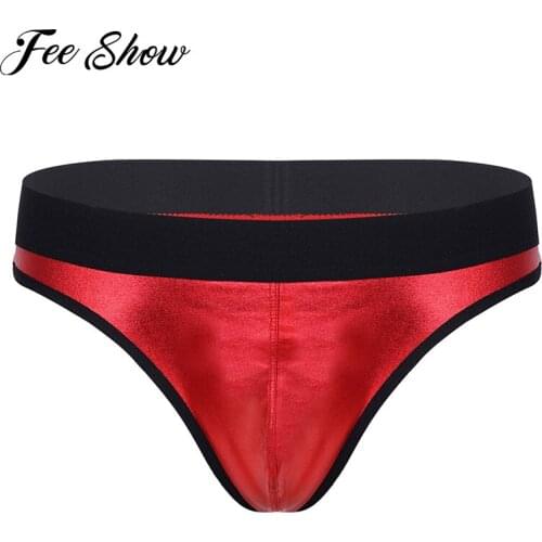 Gay Men Metallic Patent Leather Briefs Panties Bulge Pouch Briefs Underwear Low Waist Elastic Waistband Thongs T-Back Underpants
