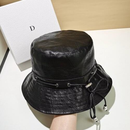 Winter Autumn Hats For Women Solid Soft PU Leather Bucket Hat Retro Lady Black Panama Hat Outdoor Sunscreen Women Sun Hat