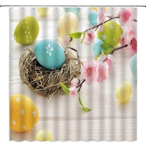 Easter Shower Curtains Color Egg Spring Pink Flower Festival Pattern Print Kids Bathroom Decor Polyester Cloth Hanging Curtain