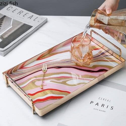 Rectangular Metal Glass Tray Tea Tray Desktop Storage Trays Decorative Plate Jewelry Cosmetics Organize Disk Home Accessories