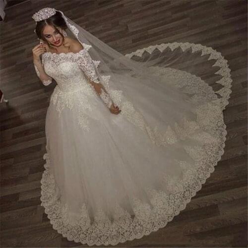 Off Shoulder Long Sleeves Lace Ball Gown Wedding Dresses with Appliques Sweep Train Lace-up Back Plus Size Bridal Gowns