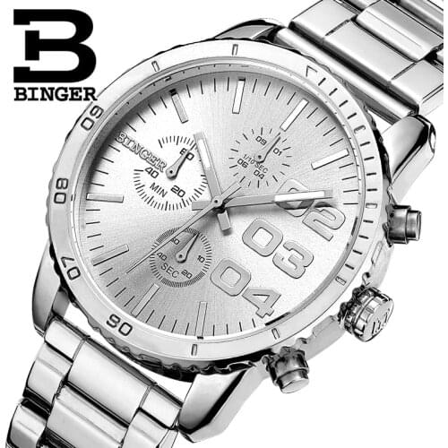 Switzerland BINGER Mens Watch Luxury Brand Quartz Waterproof Chronograph Stop Watch Stainless Steel Wristwatches B9007-1