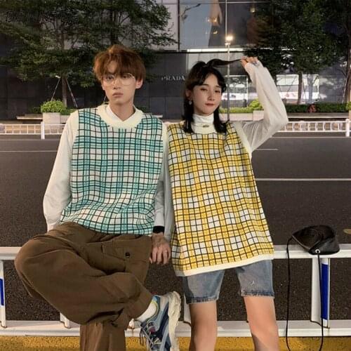 Men Sweater Vest Plaid Couples Ins Chic Knitter Sweaters Male Korean Style Loose Sleeveless Streetwear Ulzzang Fashion Panelled