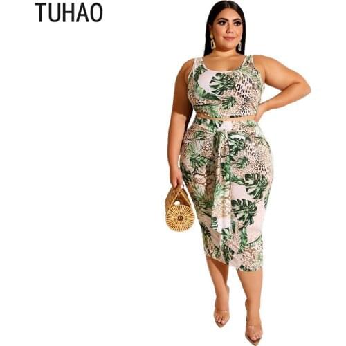 TUHAO 2020 Summer Women Beach Leaf Print Bohemian Sets Top Large Size 5XL 4XL 3XL Suit 2pcs Set Tracksuit Suit Set WM91