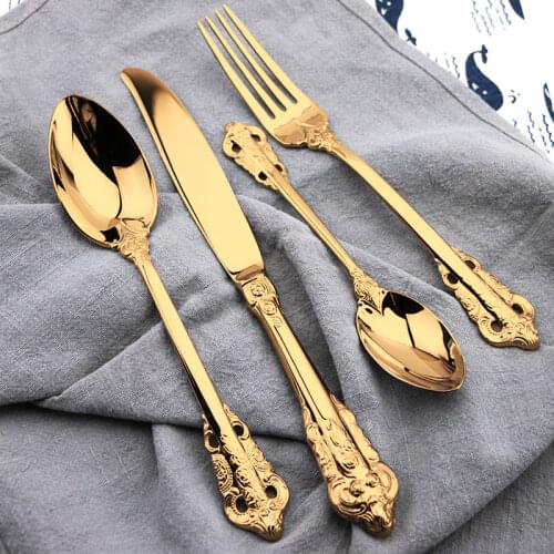Vintage Western Gold Plated Cutlery 24pcs Dining Knives Forks Teaspoons Set Golden Luxury Dinnerware Engraving Tableware Set