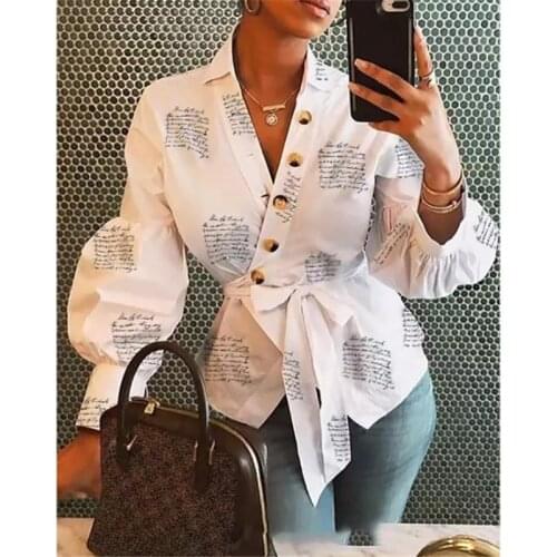 Women Button Blouse Shirt 2019 Female Clothing Long Sleeve Blusas Casual Womens Office Blouses Print Letter Lady OL Top